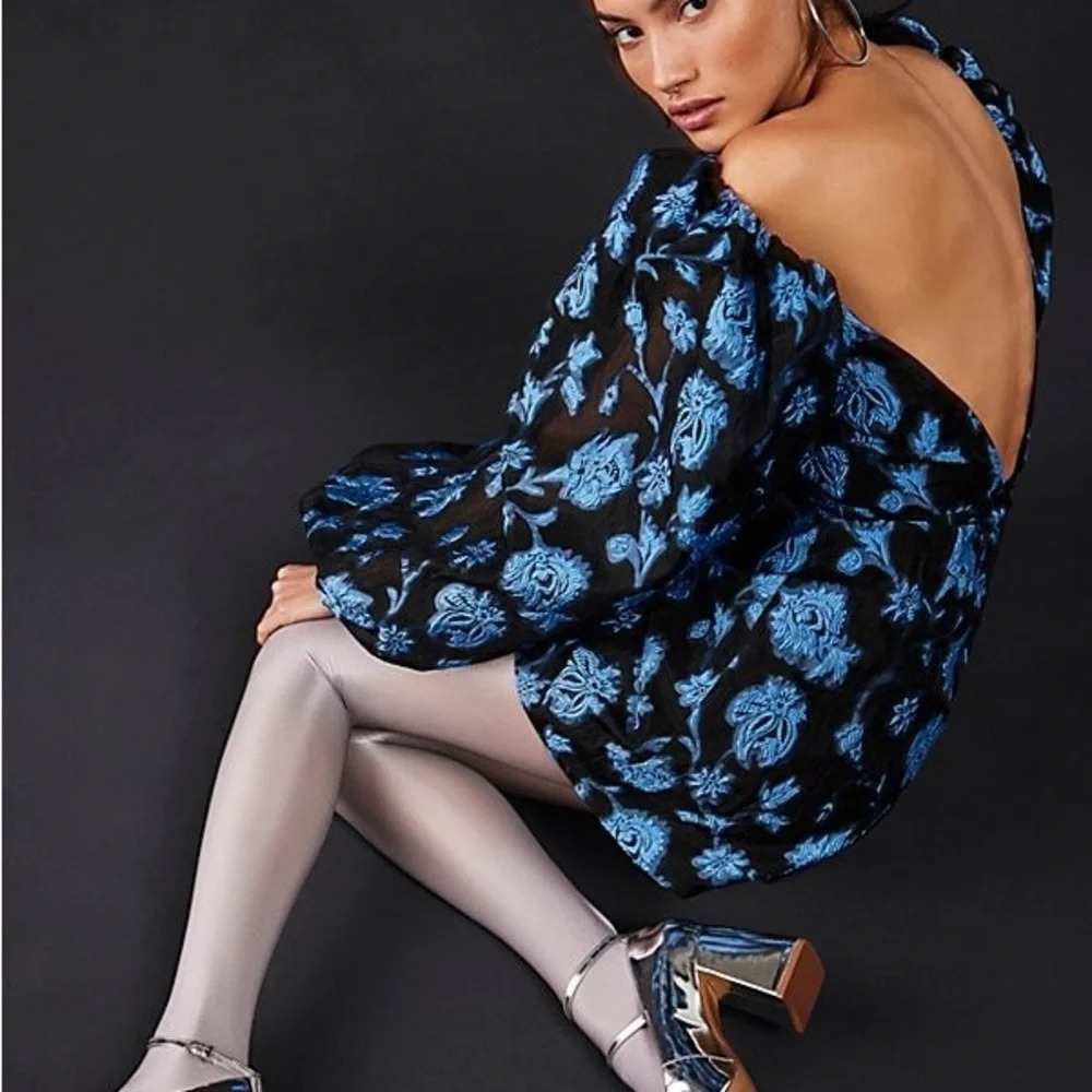 Free People Aureta Georgia Mini Dress NEW Size XS Formal Puff Sleeve Blue Floral - Picture 4 of 13